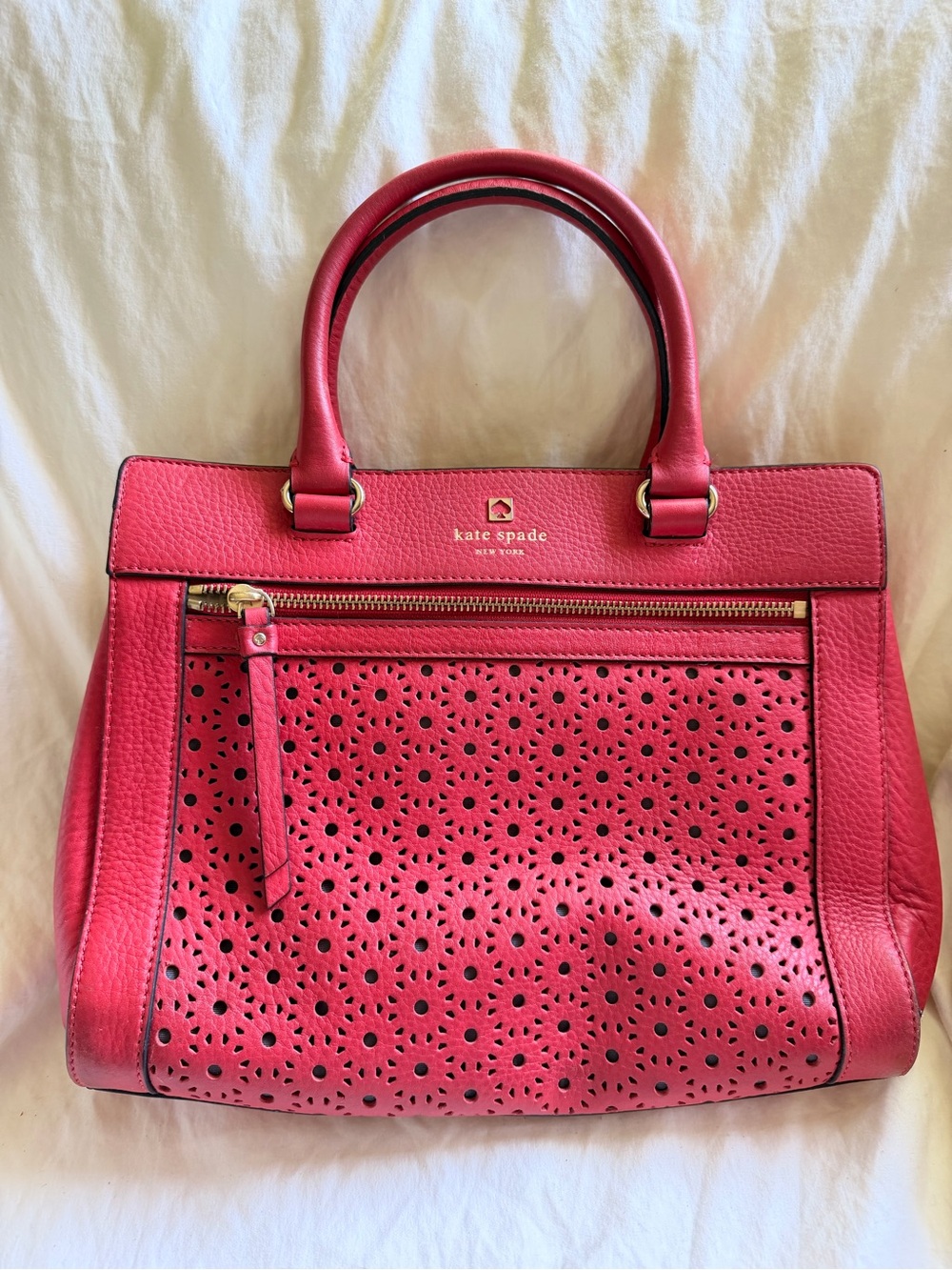 kate spade red perforated leather satchel with top handles
